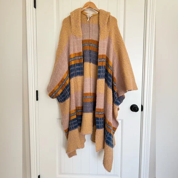 Free People Mercer Hooded Kimono Poncho Bohemian Plaid Stripe Knit Sweater - Picture 2 of 7